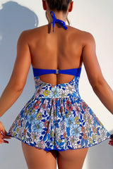 Floral Print Halter Collar Sweet Skirted One Piece Swimwear