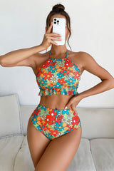 Floral Print Cute Ruffles Halter Collar Bikini