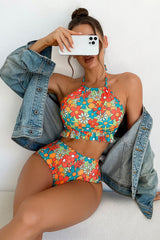 Floral Print Cute Ruffles Halter Collar Bikini