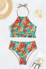 Floral Print Cute Ruffles Halter Collar Bikini