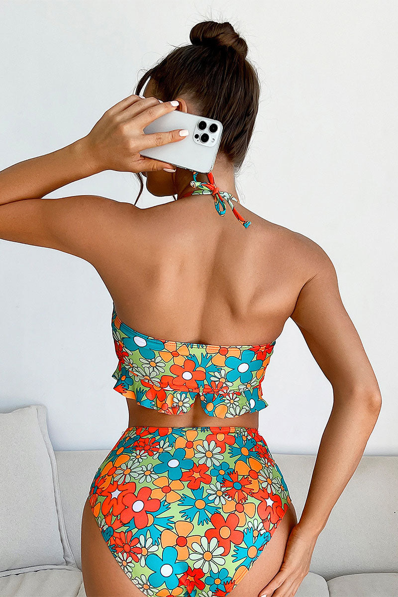 Floral Print Cute Ruffles Halter Collar Bikini