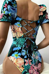 Floral Print Puff Sleeve Stunning Strappy Back One Piece Swimwear