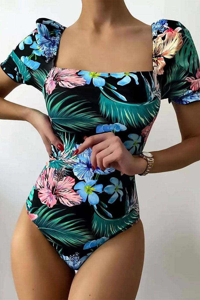 Floral Print Puff Sleeve Stunning Strappy Back One Piece Swimwear