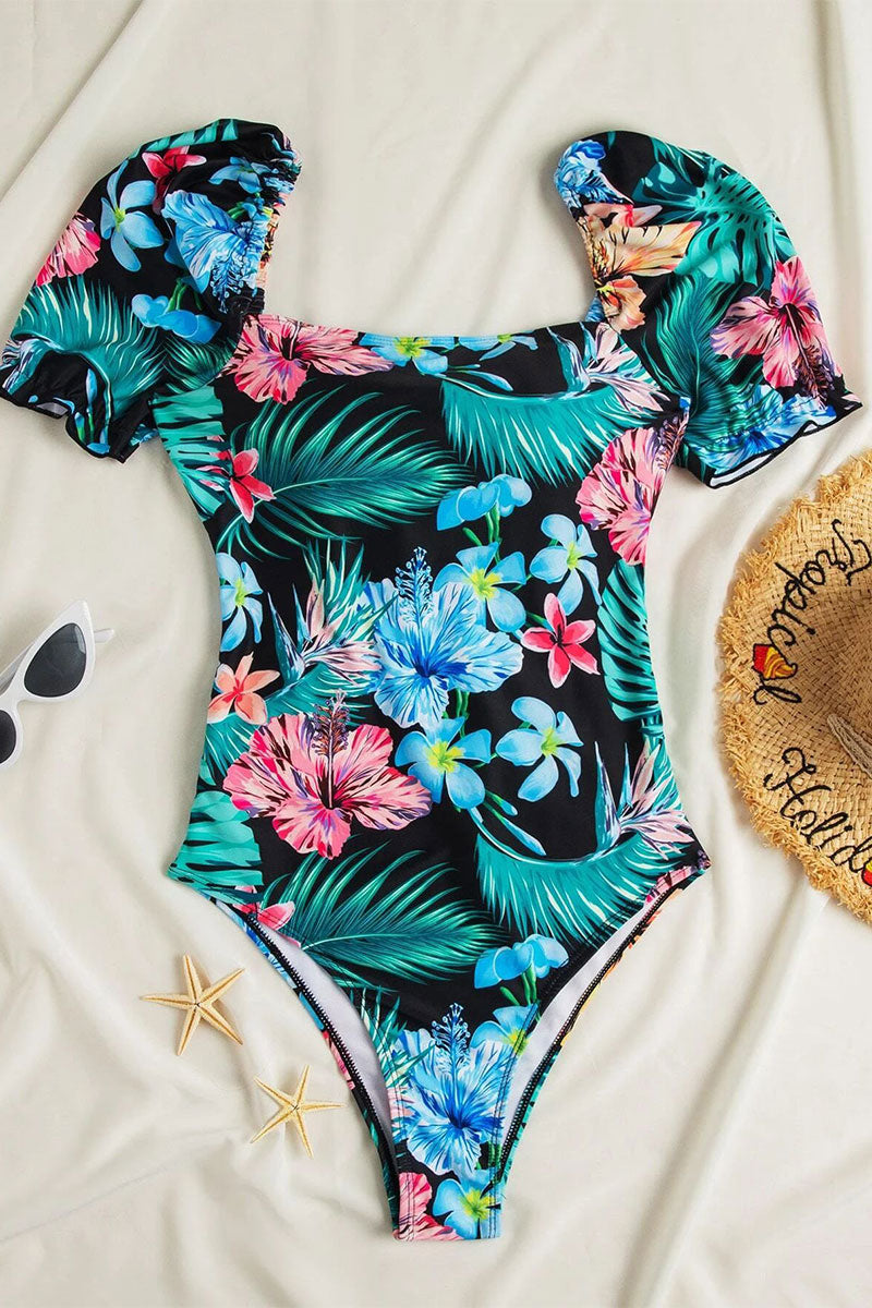 Floral Print Puff Sleeve Stunning Strappy Back One Piece Swimwear