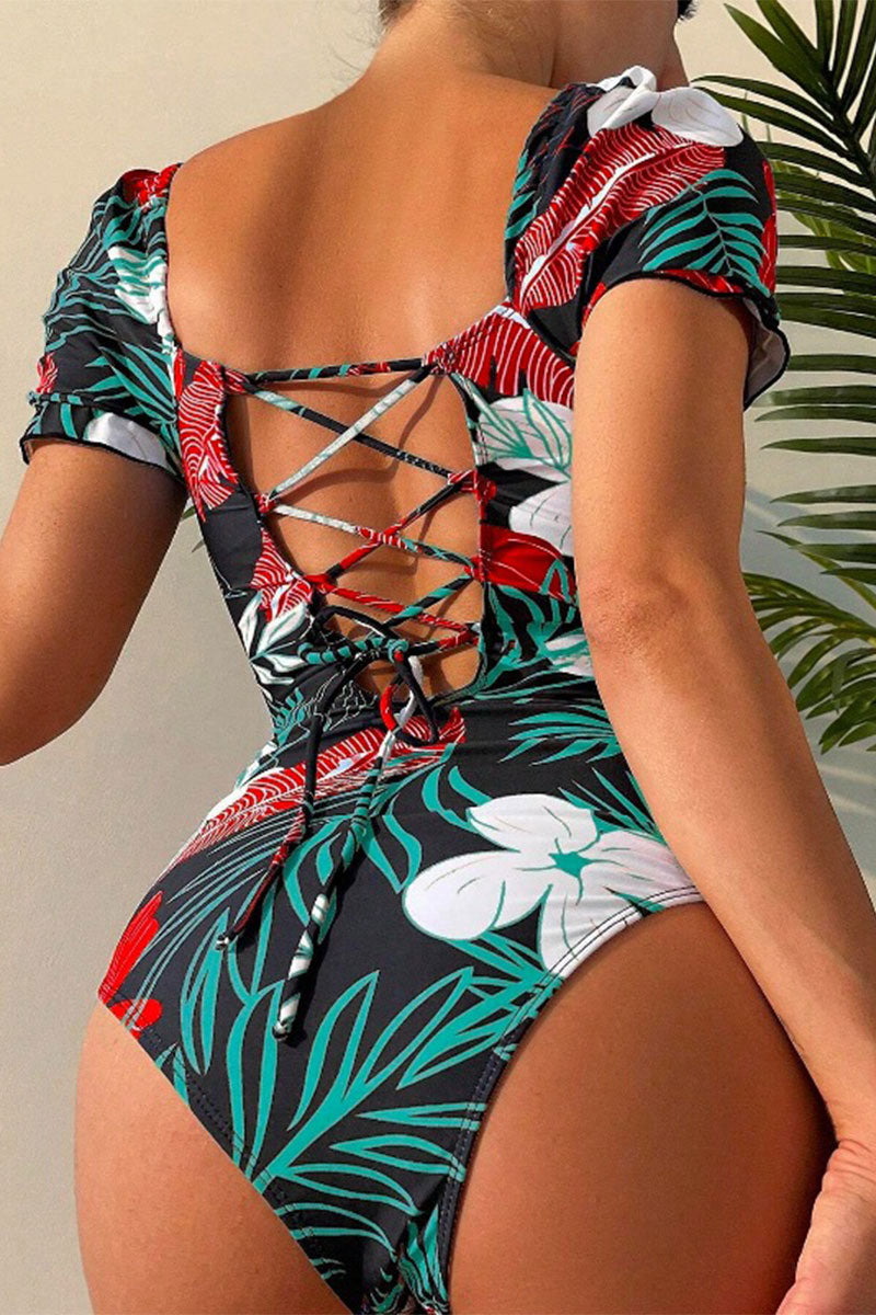 Floral Print Puff Sleeve Stunning Strappy Back One Piece Swimwear