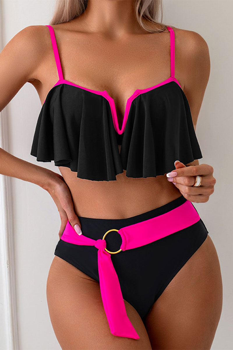 Color Block Ruffle Overlay Unique Ribbon Decor Bikini