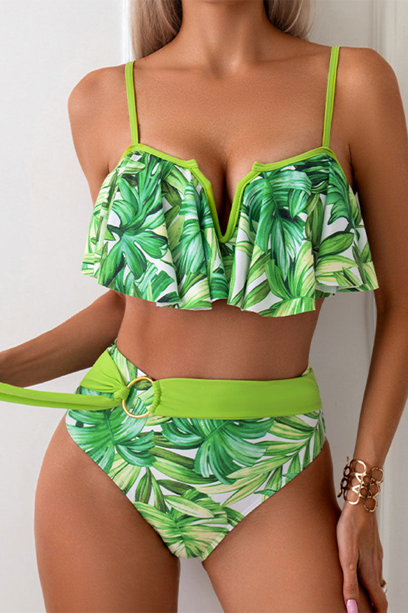 Color Block Ruffle Overlay Unique Ribbon Decor Bikini