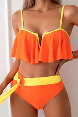 Color Block Ruffle Overlay Unique Ribbon Decor Bikini