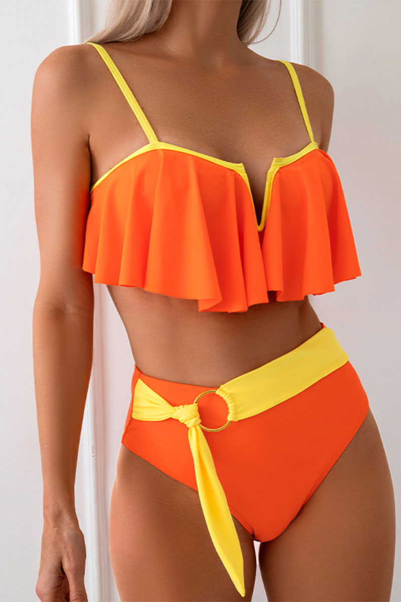 Color Block Ruffle Overlay Unique Ribbon Decor Bikini