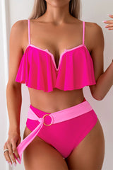 Color Block Ruffle Overlay Unique Ribbon Decor Bikini