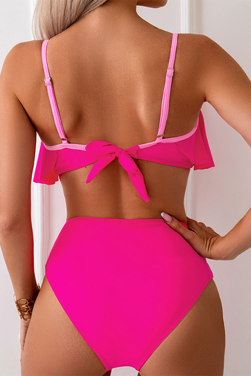 Color Block Ruffle Overlay Unique Ribbon Decor Bikini