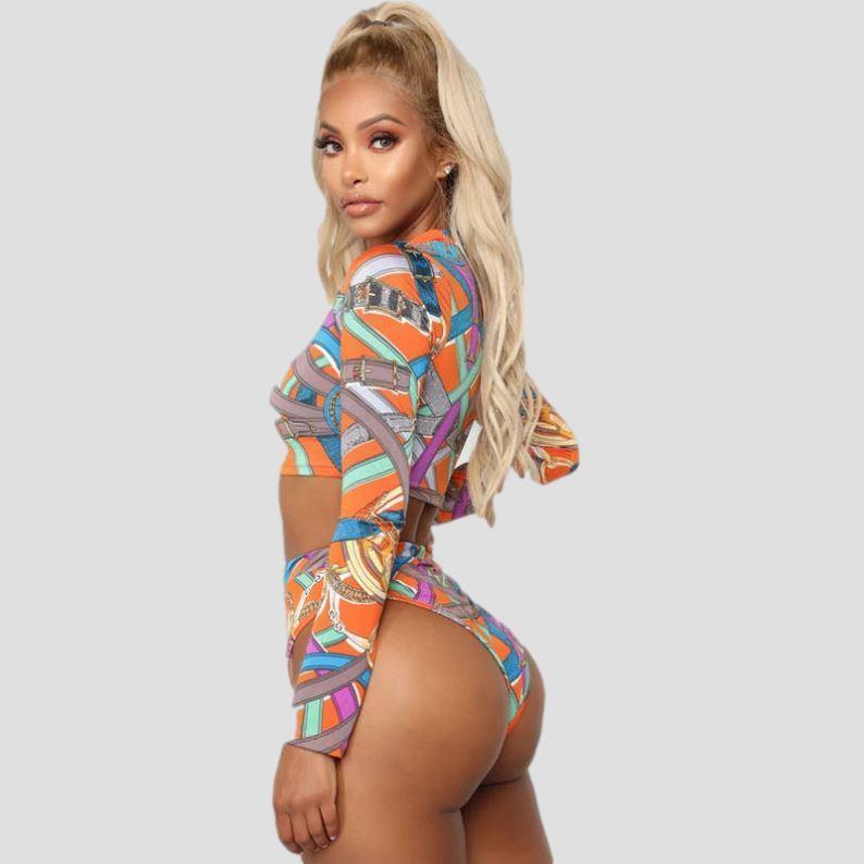 Front Zipper Long Sleeve Printed Set Swimwear