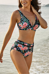 Floral Print Deep V Stylish Bikini