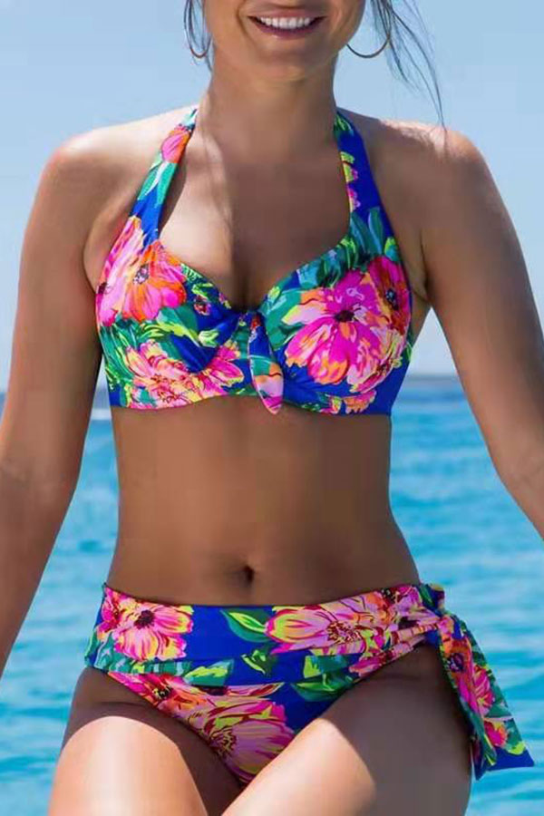 Floral Print Halter Collar Modern Knotted Bikini