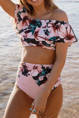 Floral Print Bandeau Layered Ruffles Sweet High Waist Bikini