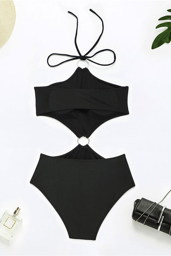 Solid Color Halter Collar On-trend Cutout One Piece Swimwear