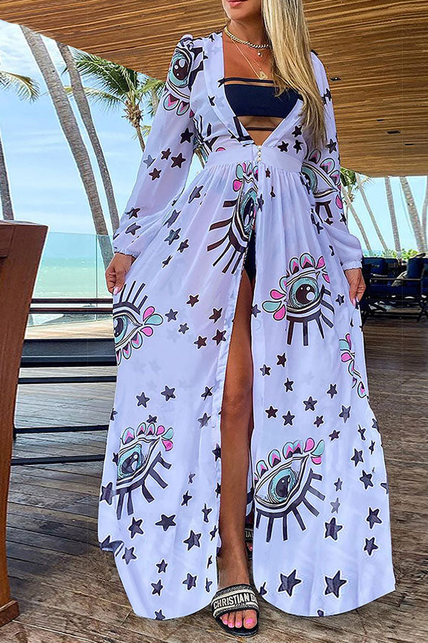 Eye Print Deep V Neck Stylish Tie Back Beachwear