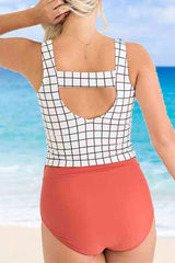 Checked V Neck Simple Knotted High Waist Tankini