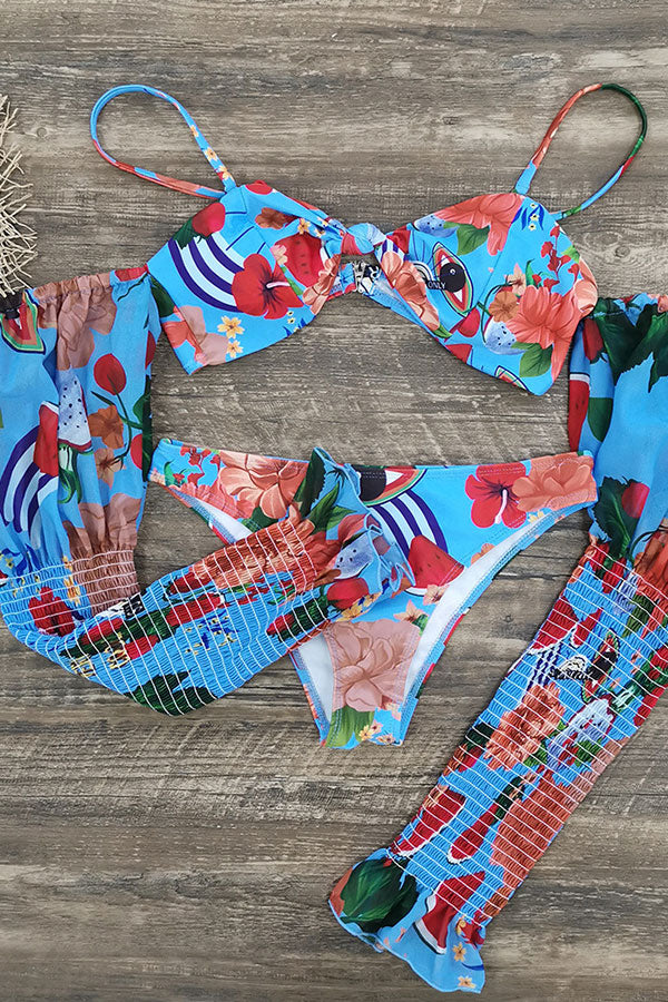 Floral Print Knotted Flattering Long Sleeve Bikini