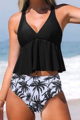 Coconut Palm Print Urban Ruffle Overlay Strappy Back Tankini