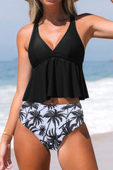 Coconut Palm Print Urban Ruffle Overlay Strappy Back Tankini