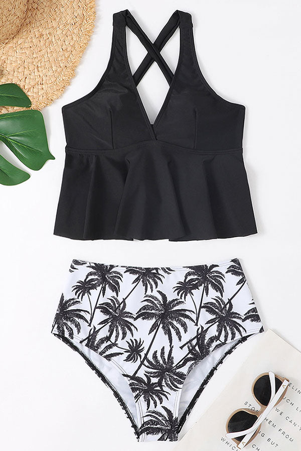 Coconut Palm Print Urban Ruffle Overlay Strappy Back Tankini