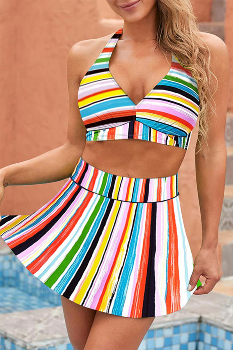 Colorful Stripe Flattering Halter Collar Bikini