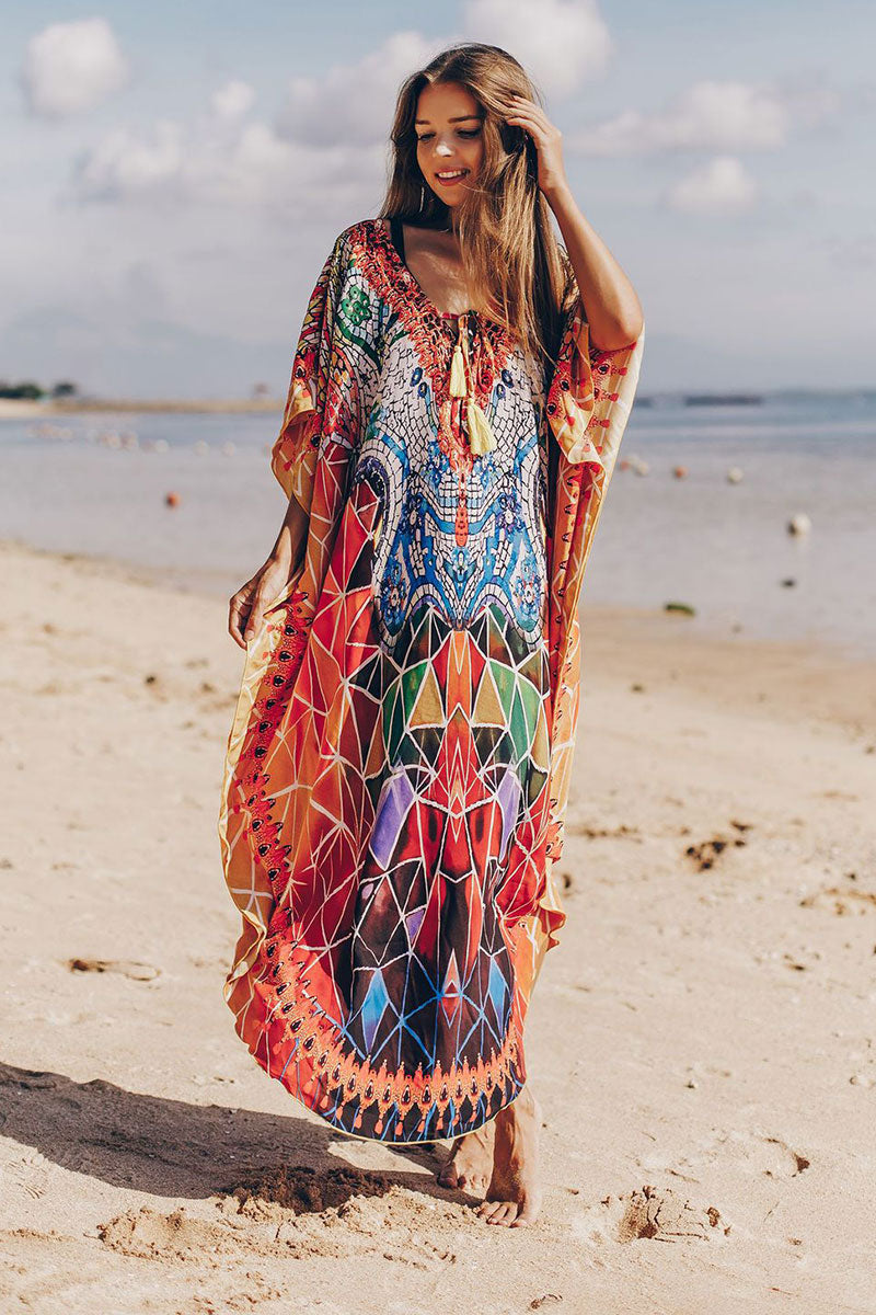 Colorful Marbling Print Lace-Up Irregular Beachwear