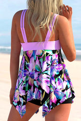 Floral Print Elegant O-ring Design Irregular Hem Tankini