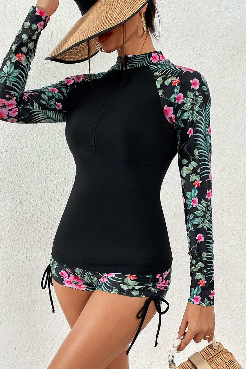 Floral Print Patchwork Sporty Drawstring Tankini