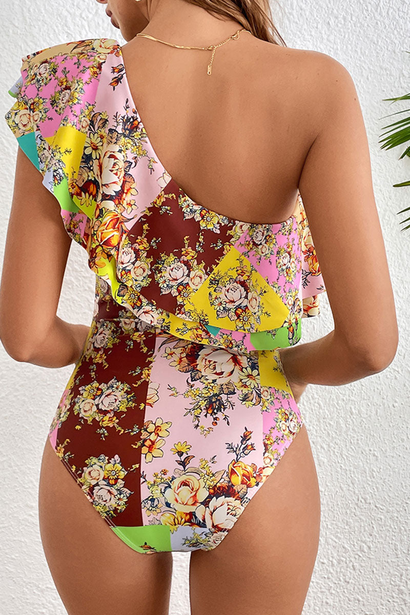 Floral Print Colorful Double-layered Ruffle One Piece Swimwear