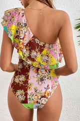 Floral Print Colorful Double-layered Ruffle One Piece Swimwear