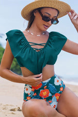 Floral Print Laid Back V Neck Ruffles Bikini