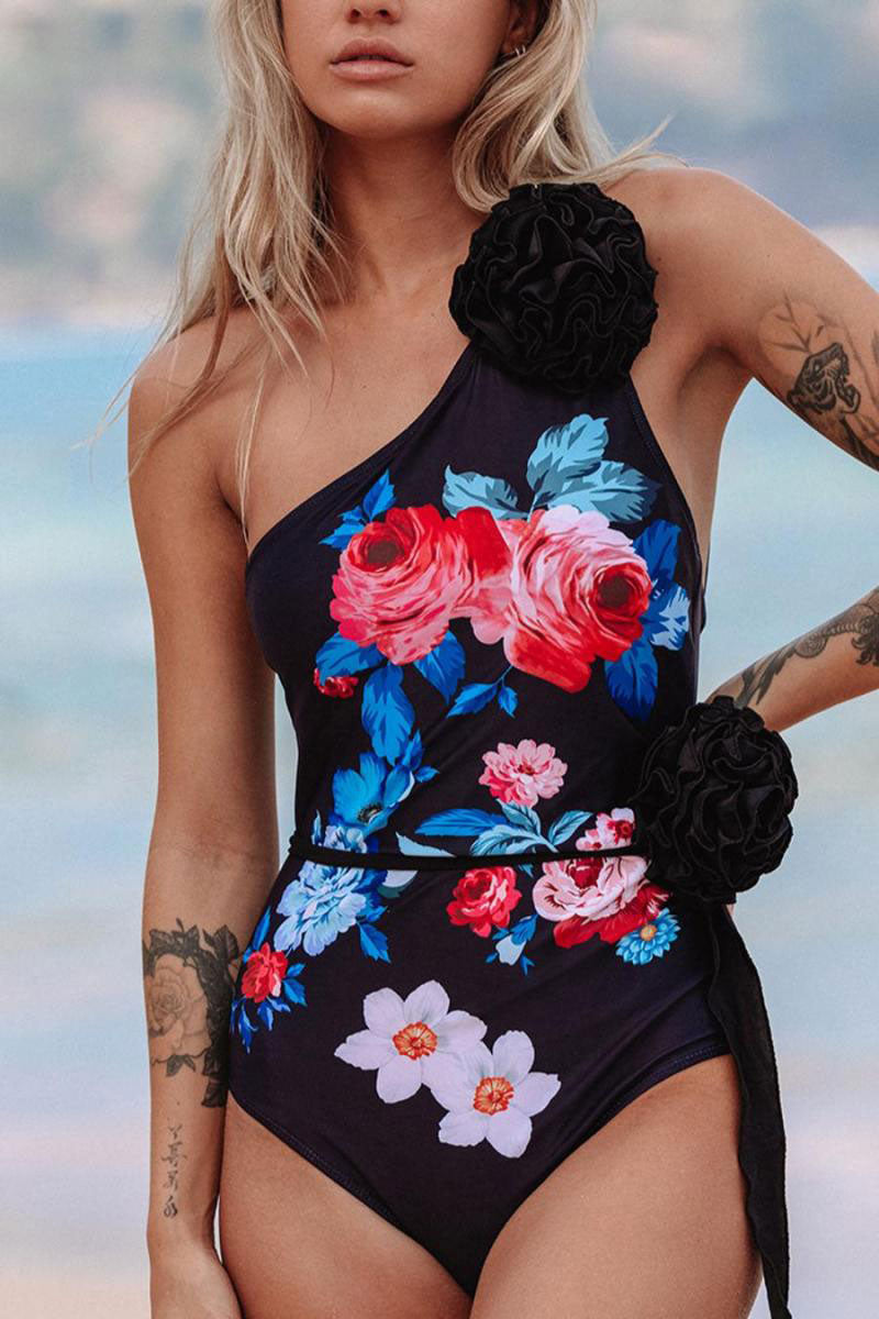 Floral Print Glamorous 3D Flower Decor One Piece Swimwear