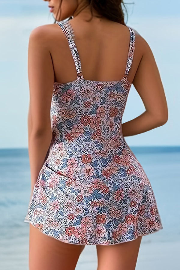 Floral Print Girly Knotted Irregular Tankini