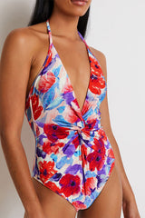 Floral Print Halter Collar Casual Twist Front One Piece Swimwear