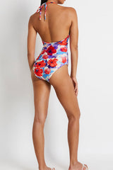 Floral Print Halter Collar Casual Twist Front One Piece Swimwear