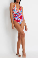 Floral Print Halter Collar Casual Twist Front One Piece Swimwear