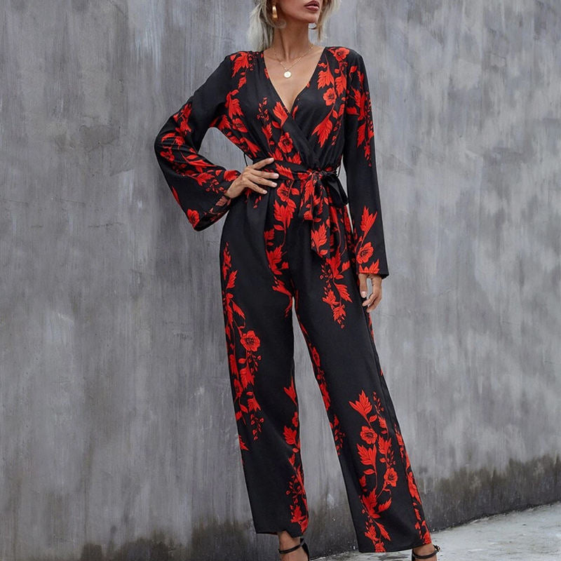 Floral Print Belted Wide Leg Jumpsuit