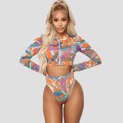 Front Zipper Long Sleeve Printed Set Swimwear