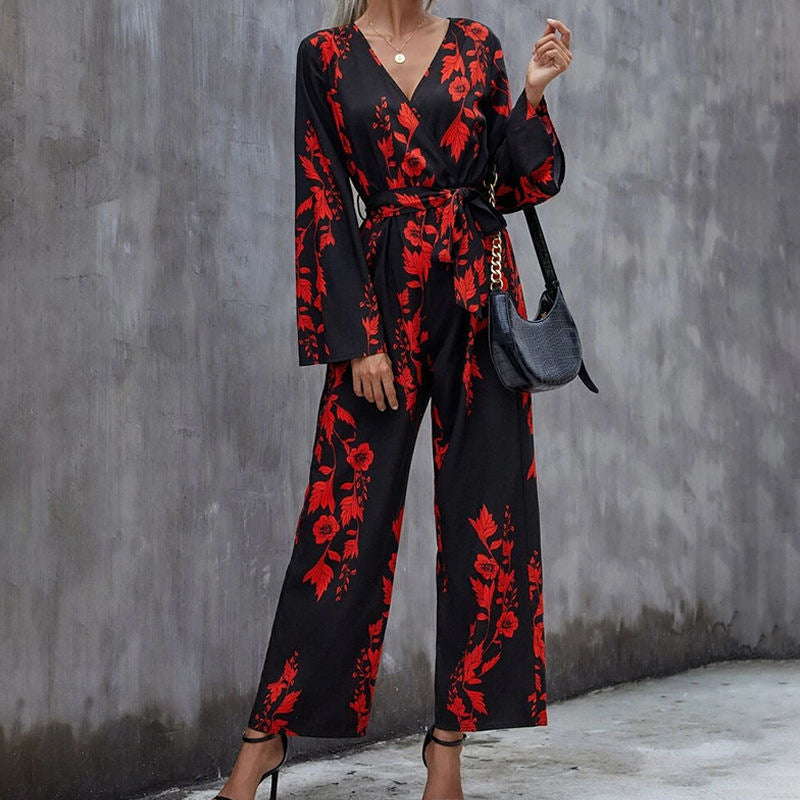 Floral Print Belted Wide Leg Jumpsuit