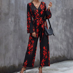 Floral Print Belted Wide Leg Jumpsuit