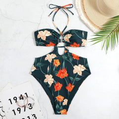 Floral Printed Cutouts Halter One Piece Swimsuit - Red