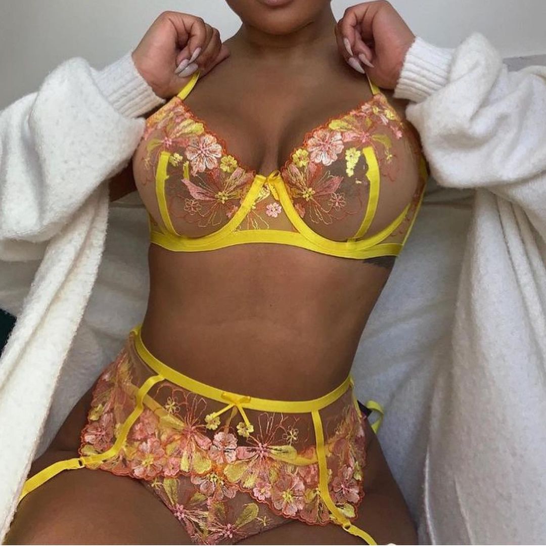 New Yellow Embroidered Flower Sexy Lingerie Three-Piece Set