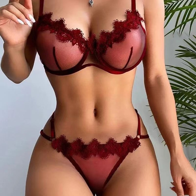 Lace Embroidery Push Up Three Point Bralette Set