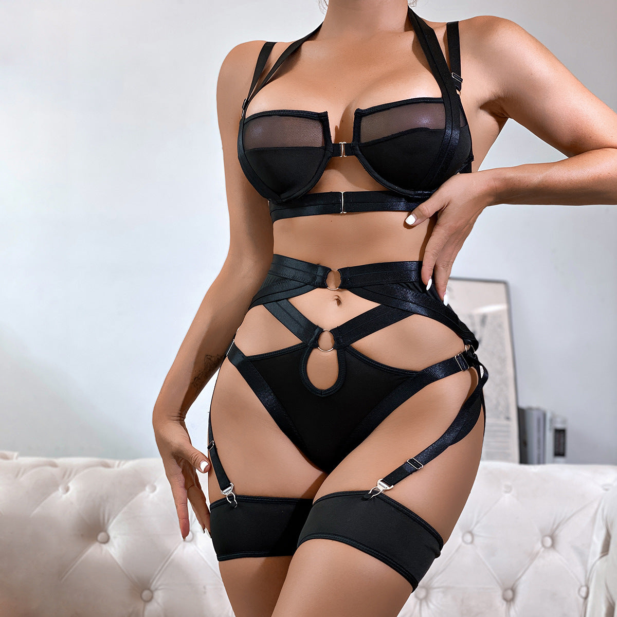 Hollow Out Strappy Bandage Sexy Lingerie Set