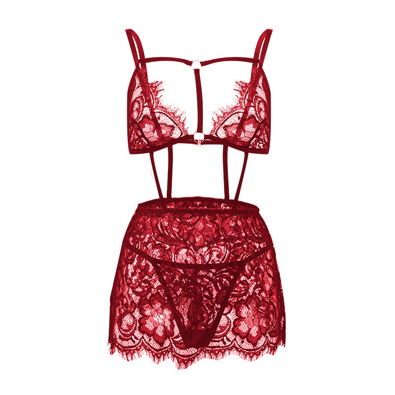 Perspective Embroidered Lace Strappy Sexy Lingerie Set