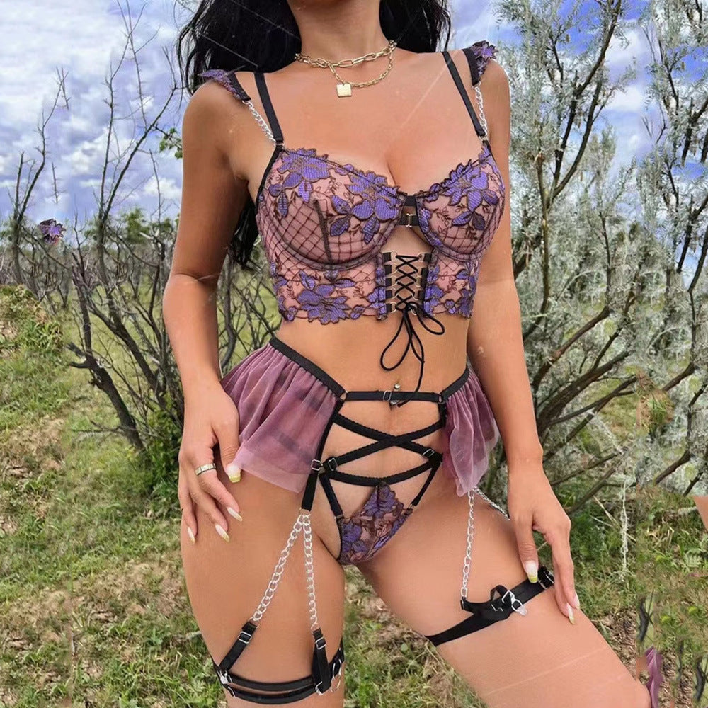 Metal Chain Embroidery Hollow Out Strappy Sexy Lingerie Set