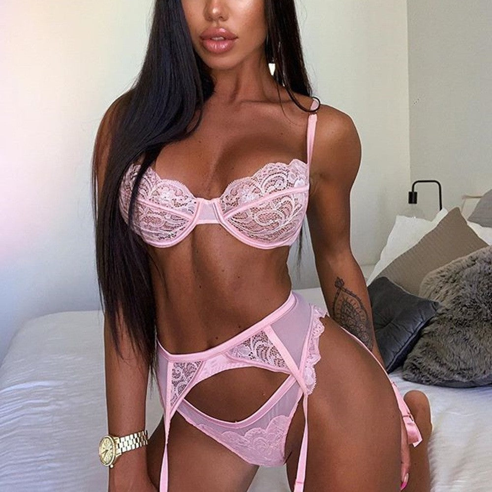 Pink Sexy Lace Lingerie Three Piece Set