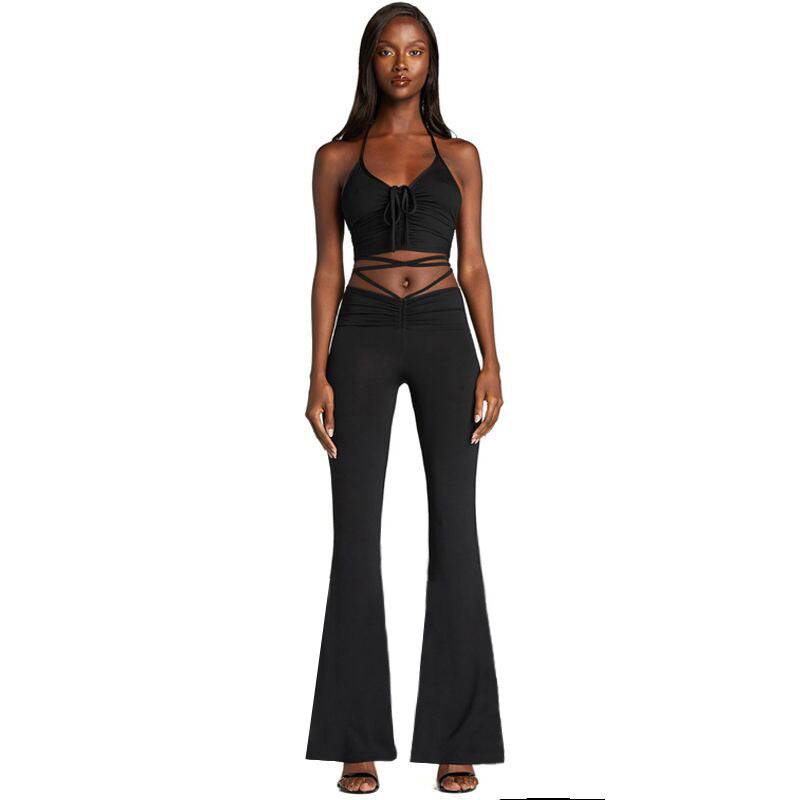 Lace-up crop top & pleated pants two-piece set